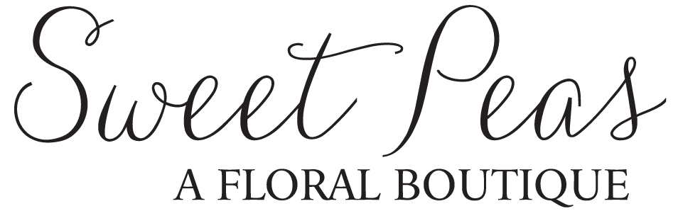 Sweet Peas floral bouquet logo on a green background