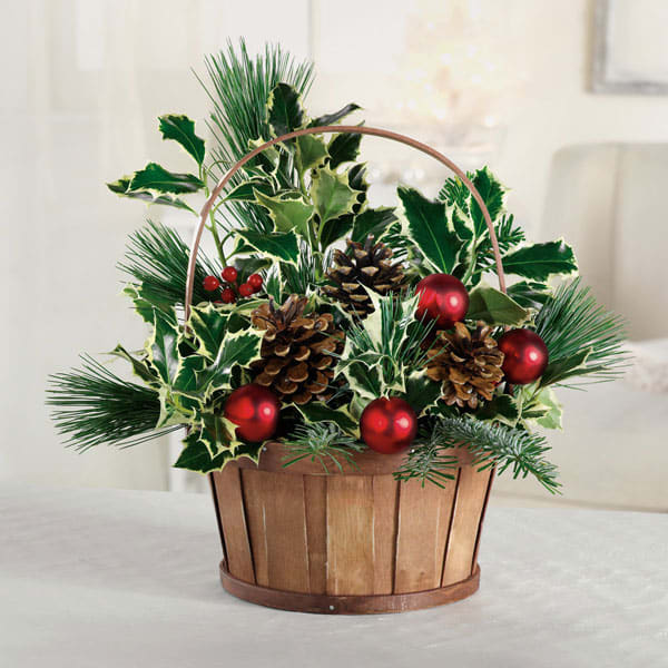Holly And Pine Cone Basket - Filled with the classic colors of Christmas, our exclusive bouquet is a wonderful gift to thank the party hostess or to use as a centerpiece in your own holiday home.