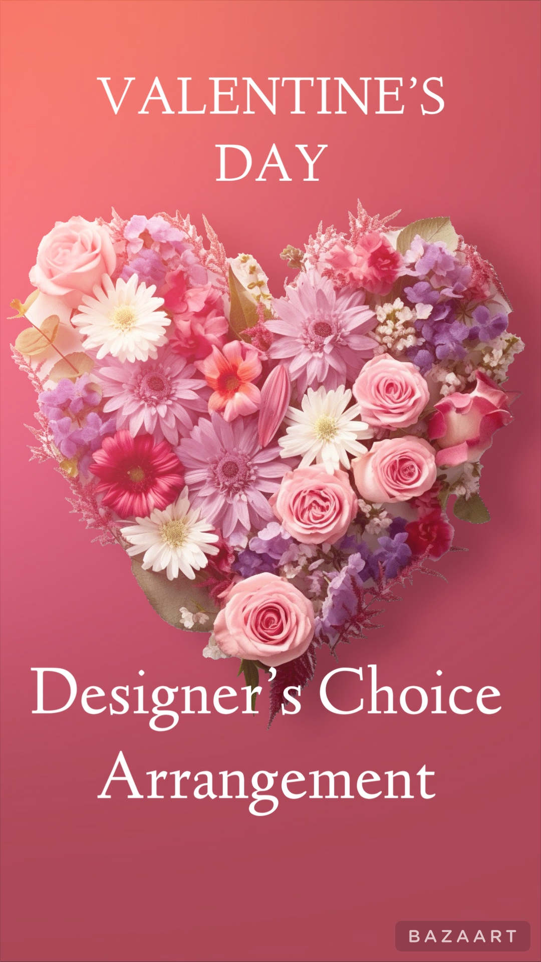 Heart-shaped bouquet of pink and purple flowers on a pink background