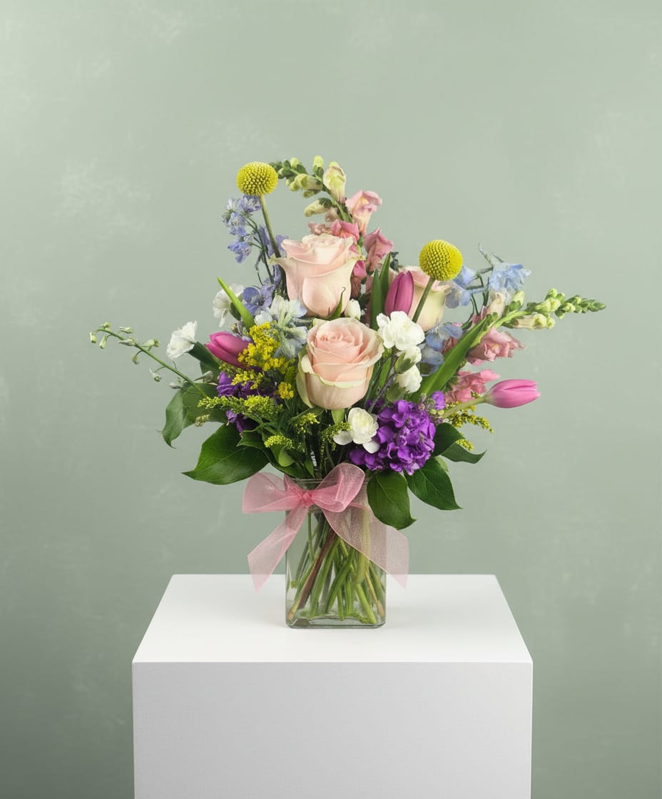 Mixed bouquet of pastel roses, tulips, and purple flowers in a glass vase