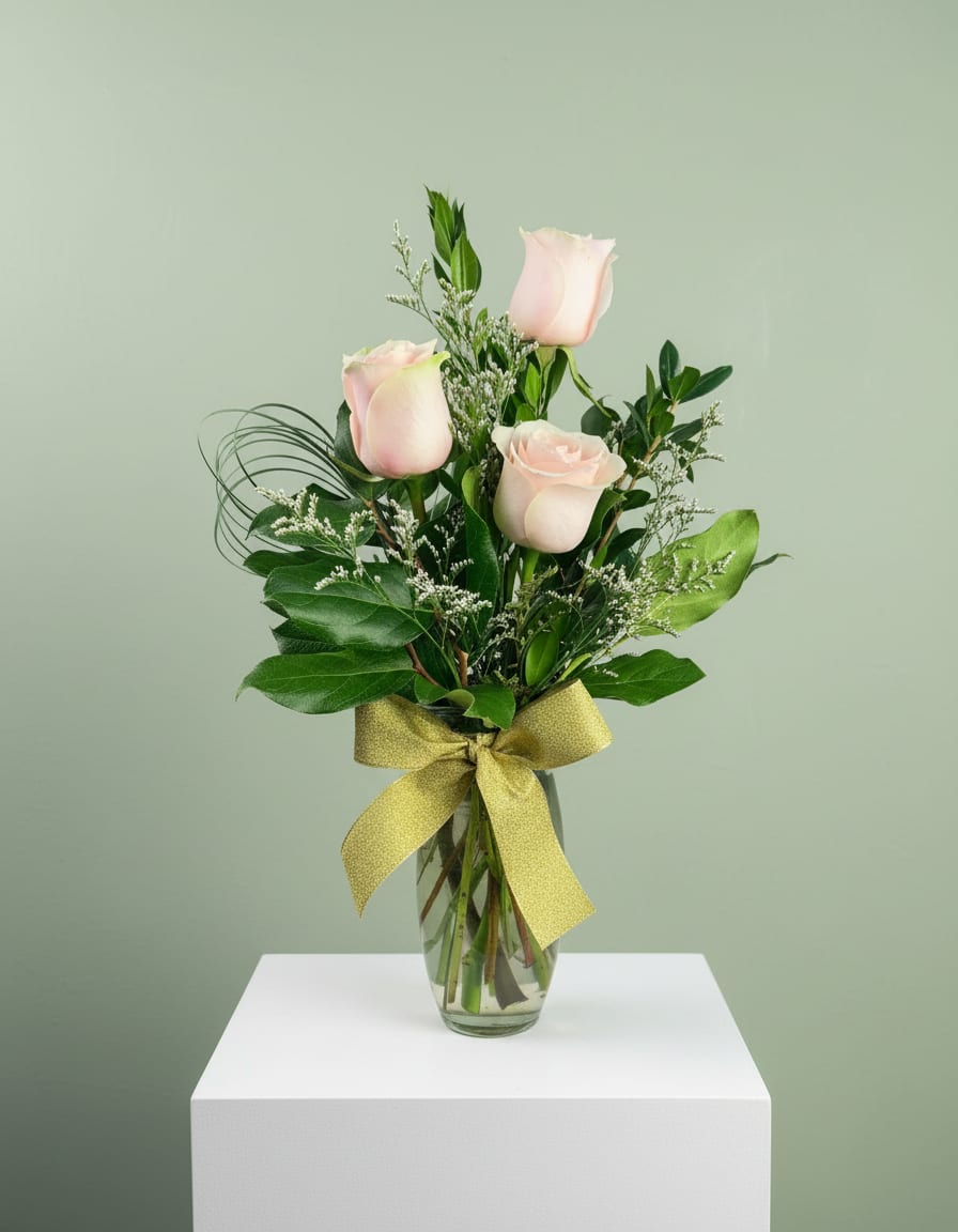 Three pale pink roses in a glass vase with a gold ribbon