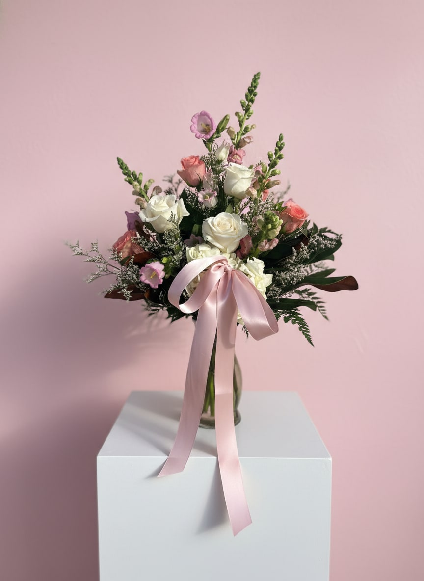 Pink and white rose bouquet in a glass vase with a satin ribbon