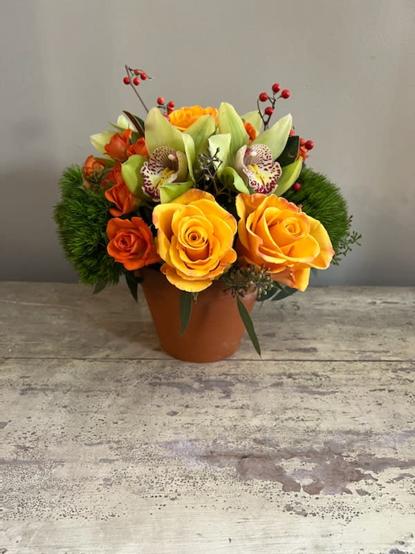 Orange and yellow roses in a terracotta pot with red berry accents