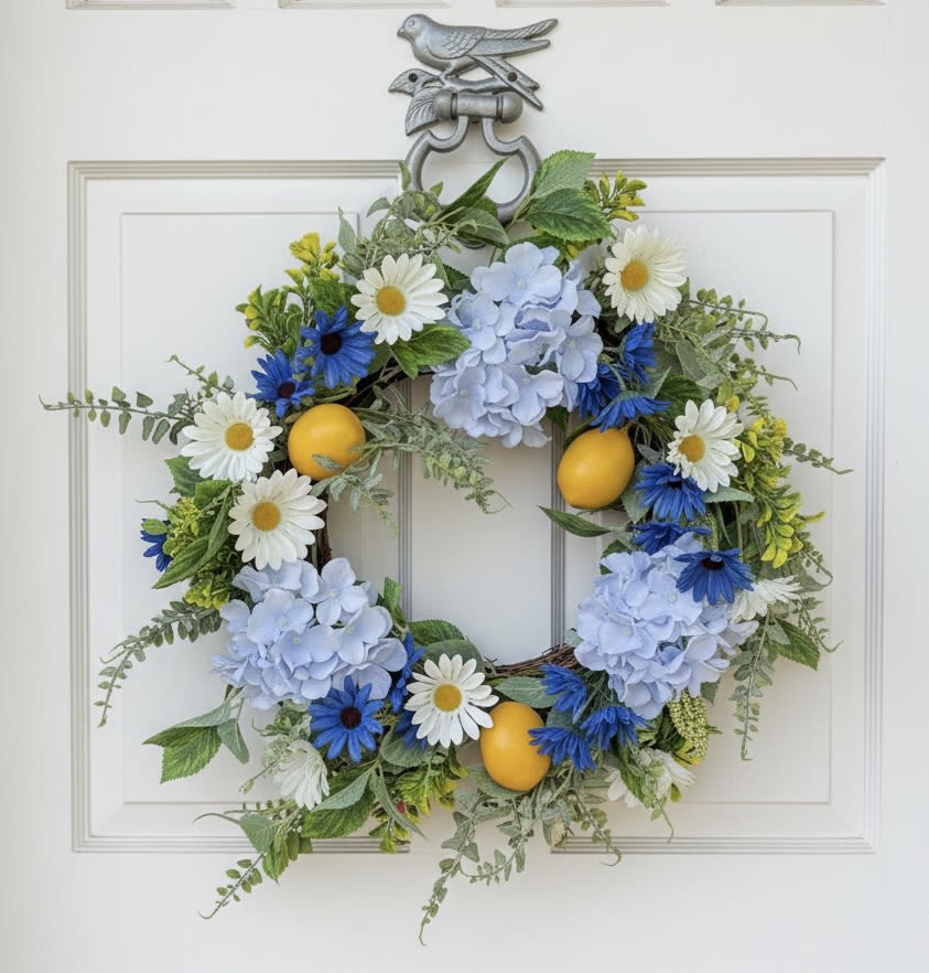 Blue and white lemon wreath  - Measures 20” in diameter. Made of all faux flowers in blue, white and yellow. Pops of lemons give this wreath a Mediterranean feel. Perfect for your front door during summer! 