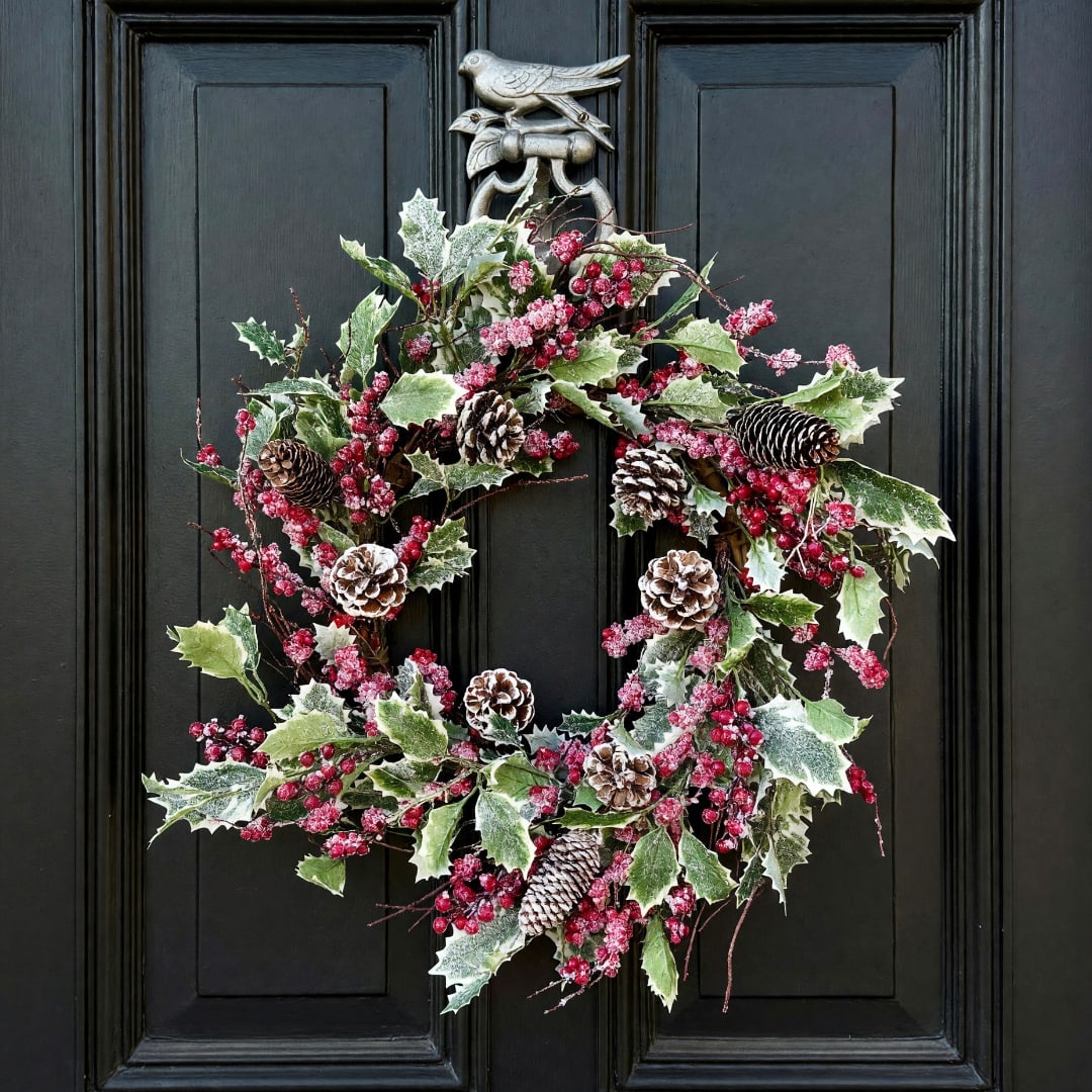 Holiday wreath with frosted holly leaves, red berries, and pinecones on a black door