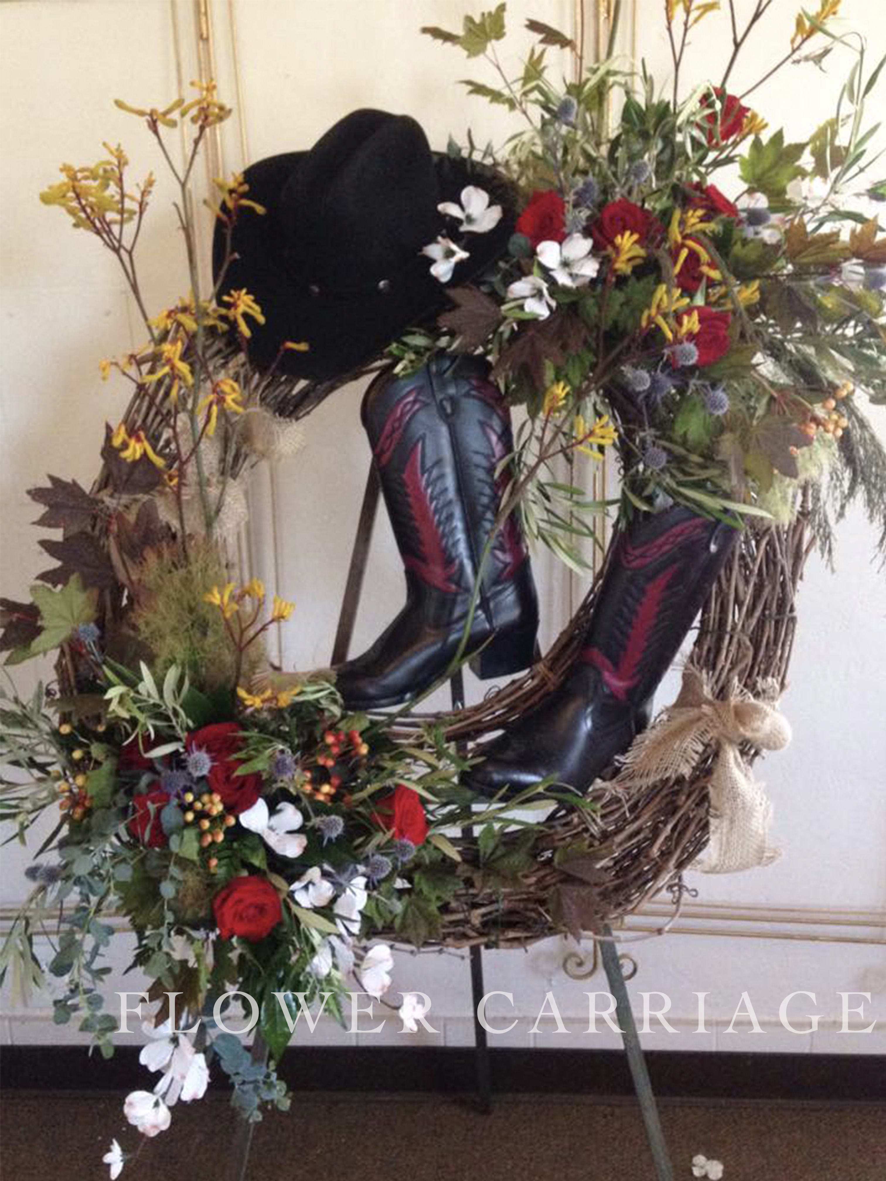 Cowboy Tribute By Flower Carriage - Dimensions: 35'' diameter. Note: The hat and boots are not included on this design, customer must provide these two items.