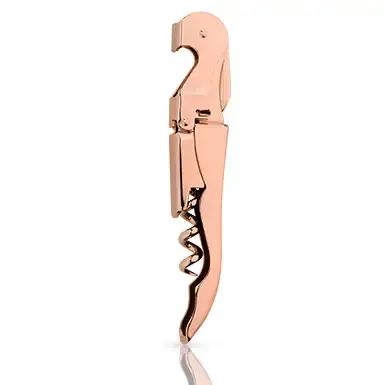 Summit™ Copper-Plated Double-Hinged Corkscrew - Discover a classy copper corkscrew that opens any wine bottle with ease. Our corkscrew comes with all the necessary features to pop corks with ease and class. Whether you enjoy entertaining from home or you work in a wine restaurant, this copper corkscrew is sure to add extra class to the cork popping experience. The corkscrew features a sharp 5-turn worm that buries deep into the cork, without causing any crumbling. The copper-plated stainless-steel mechanics create a durable corkscrew that will last a lifetime.  Material: 304 stainless steel with polish copper finish Care: Hand wash
