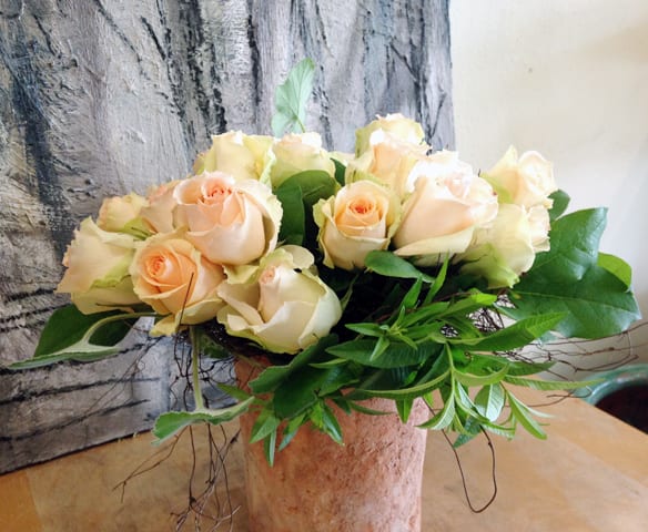Golden Years - Peach Roses in an antique clay pot