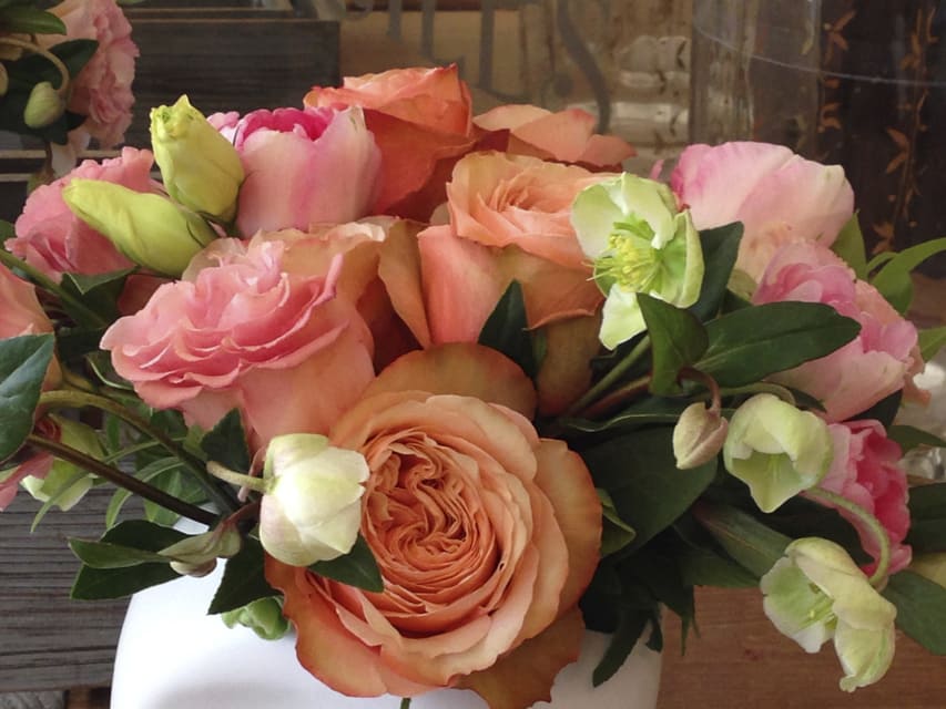 Peach - Roses and Helleborus in a white ceramic vase