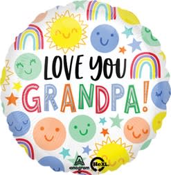 Heart-shaped balloon with "Love You Grandpa" and colorful smiley faces