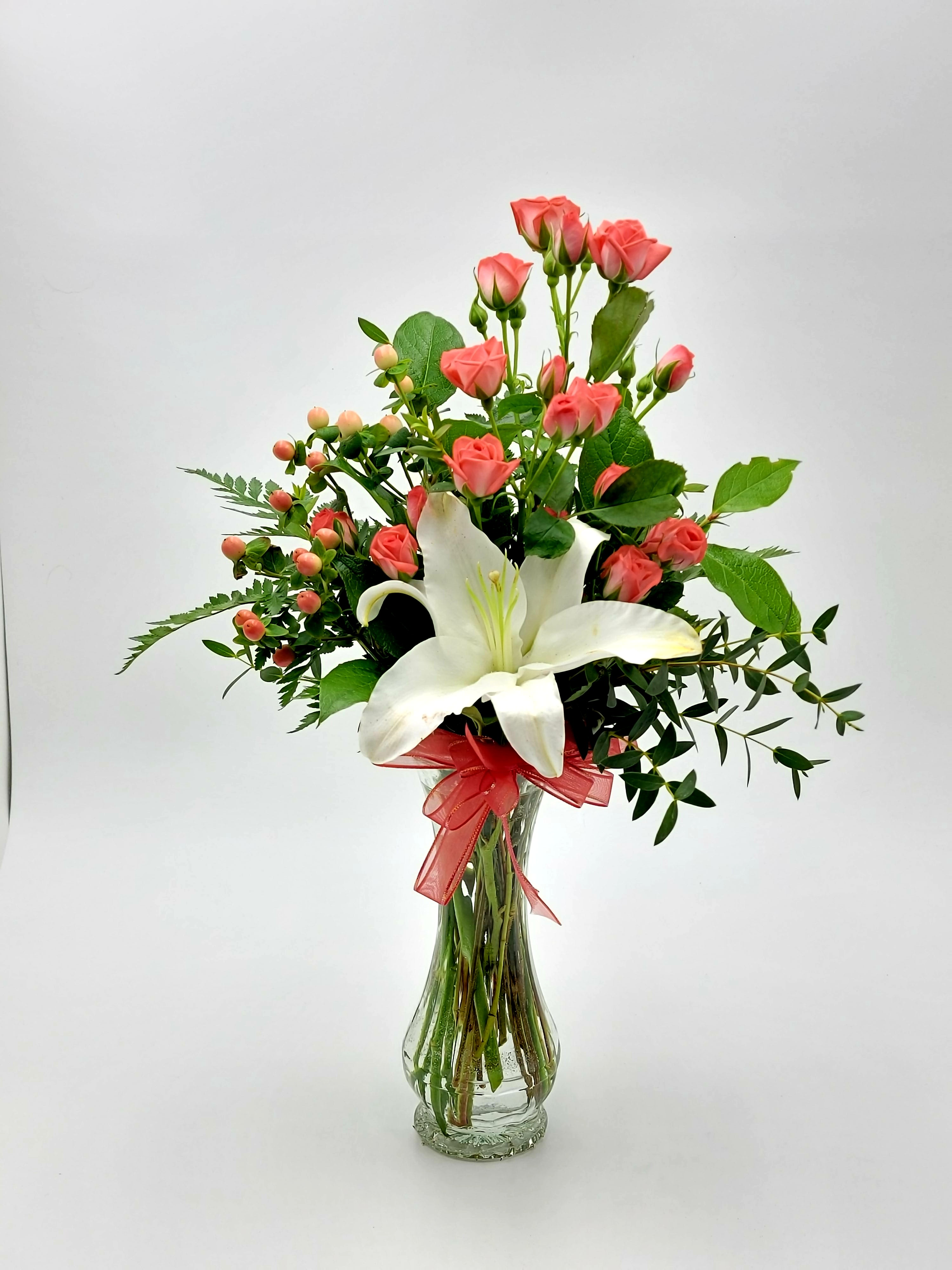 A Simple Thank You - This is the perfect simple arrangement of coral and white flowers to say "Thank You.