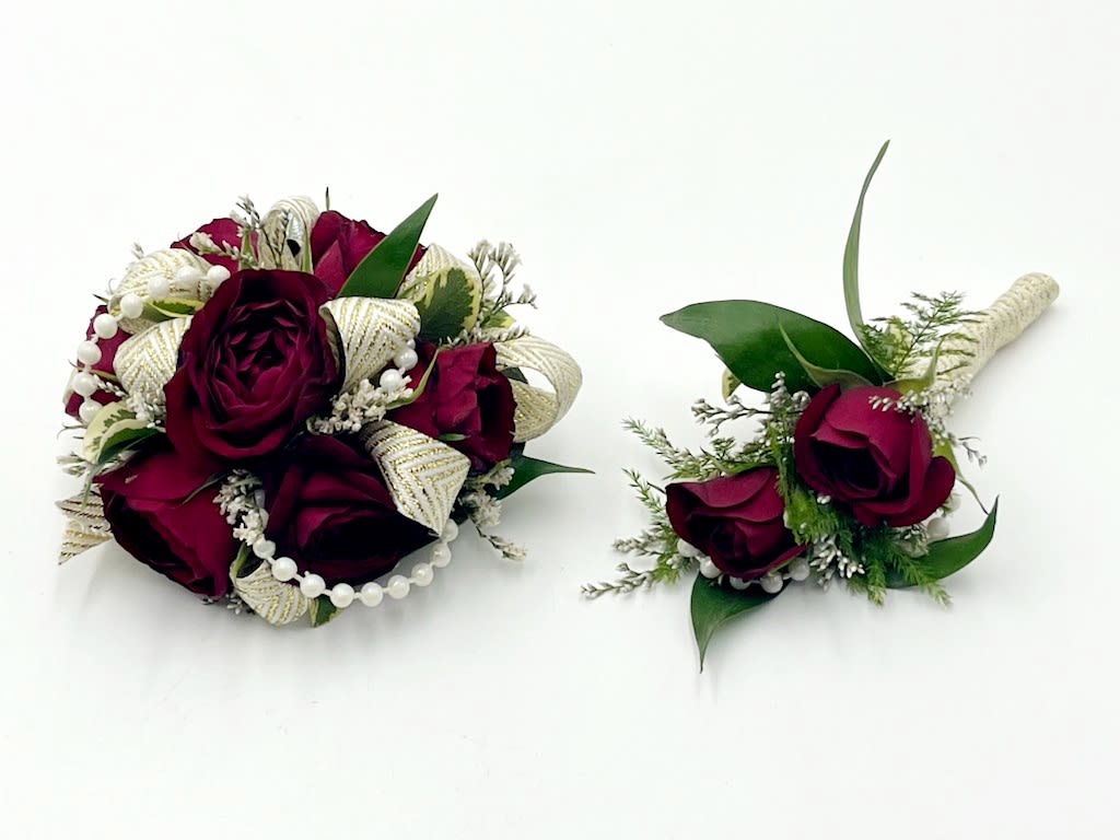 Classy &amp; Pearls Boutonniere and Wristlet Set - A boutonniere and wrist corsage set of red spray roses, pearl detailing and white and gold chevron ribbon.   Depending on availability of ribbon, may change slightly.