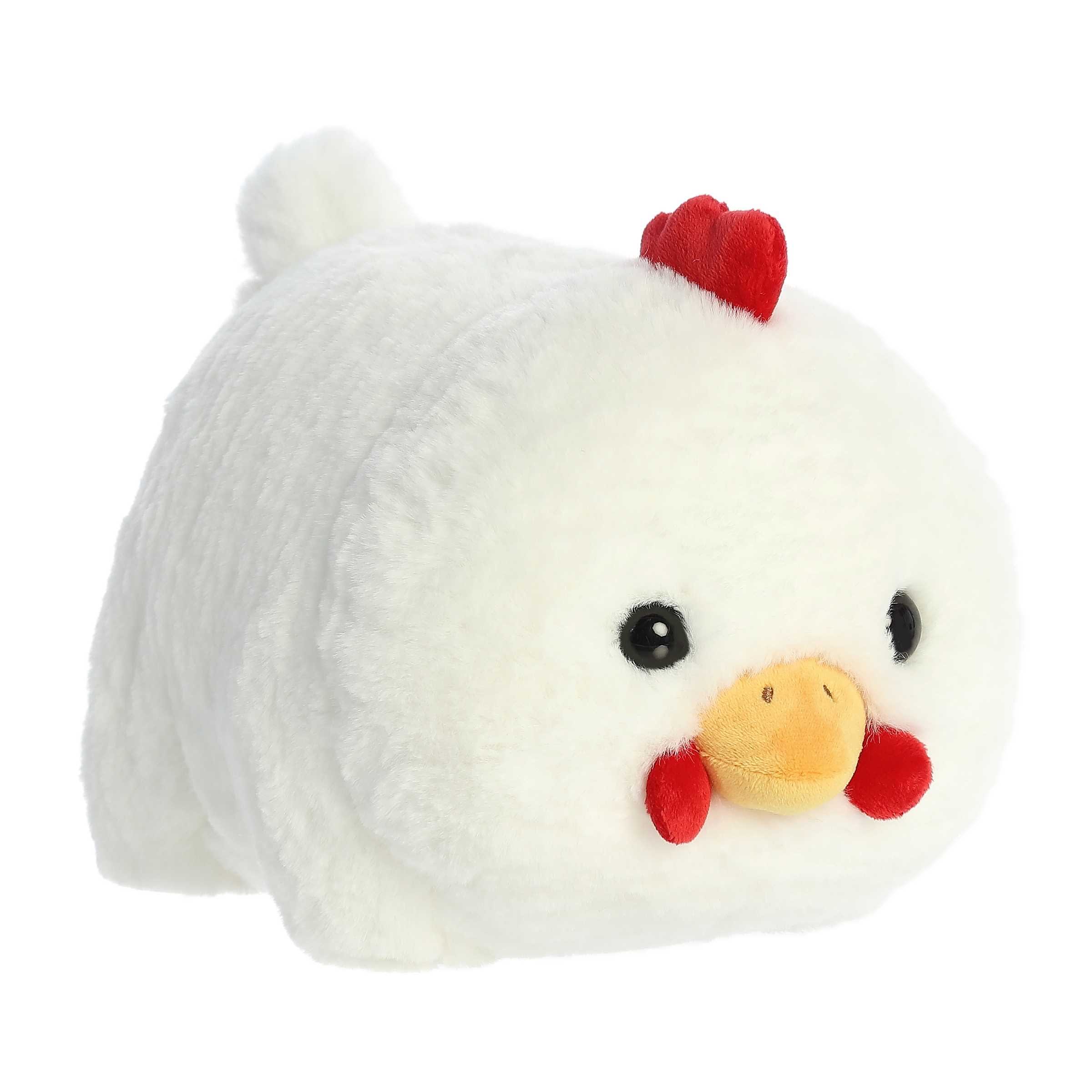 Plush white chicken toy with red comb and yellow beak