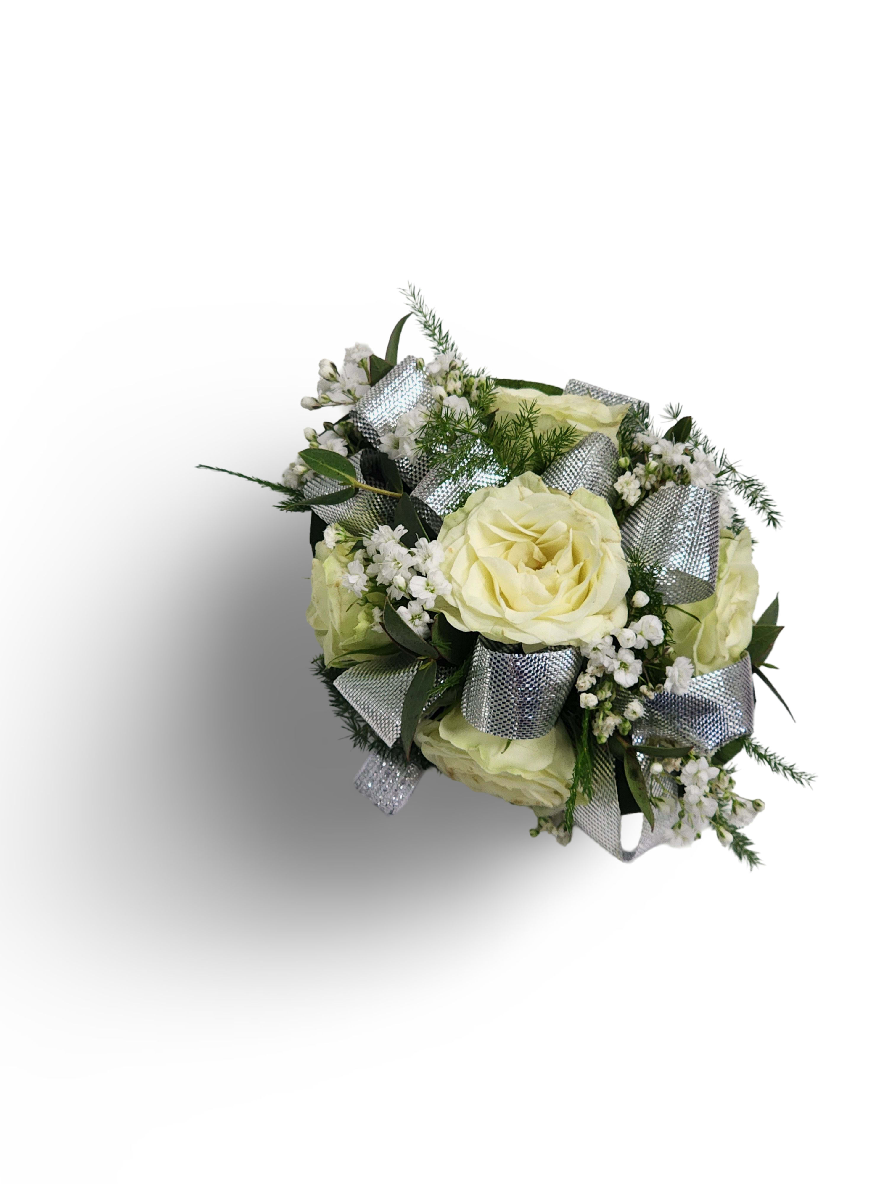 Bouquet of pale yellow roses with white filler flowers and silver ribbon