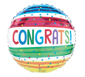 17"  Congrats with Stripes - This fun and vibrant Congrats Mylar balloon is a great option to enhance the perfect gift. 