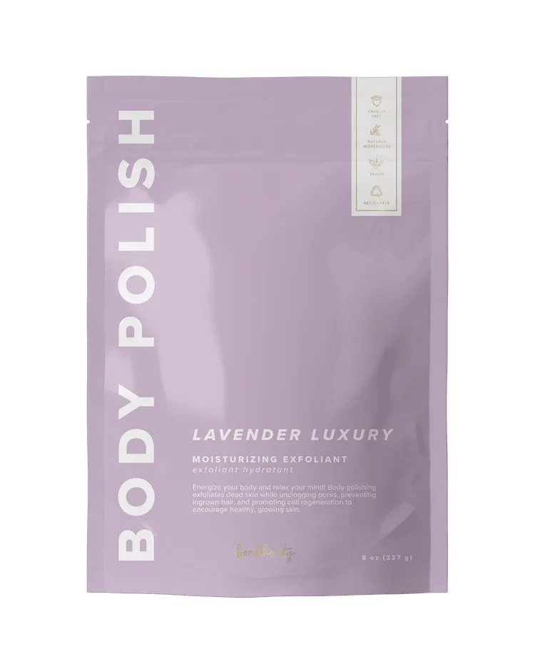 Lavender Body Polish - In the texture of powder snow, Bonblissity's body polish body scrub allows for an exhilarating exfoliation, moisturization, and aromatherapy in one step. Perfect for use during showers, it leaves your entire body feeling smooth, bright, and deeply moisturized.