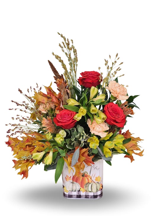 Grateful Blooms - This arrangement of fall colors will be a lovely accent to your home! Aprroximately 16" tall, 15" wide, and 10" deep.