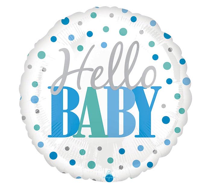 Hello Baby Mylar - Welcome a little one in style with this charming Mylar balloon! Featuring "Hello Baby" in elegant script surrounded by teal, baby blue, and silver dots, this round balloon is perfect for baby showers, gender reveals, or celebrating a newborn’s arrival. Its cheerful design and shiny finish make it a delightful addition to any party or gift. Celebrate the newest bundle of joy with this festive balloon!