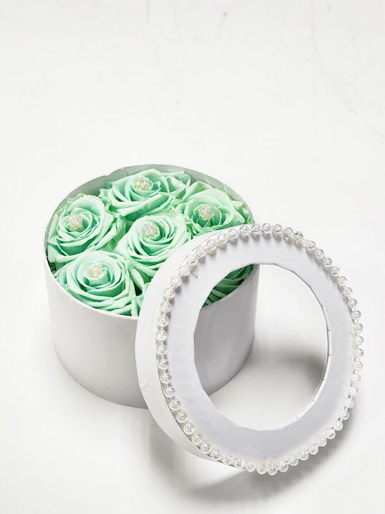 Mint green roses in a round white box with a beaded lid