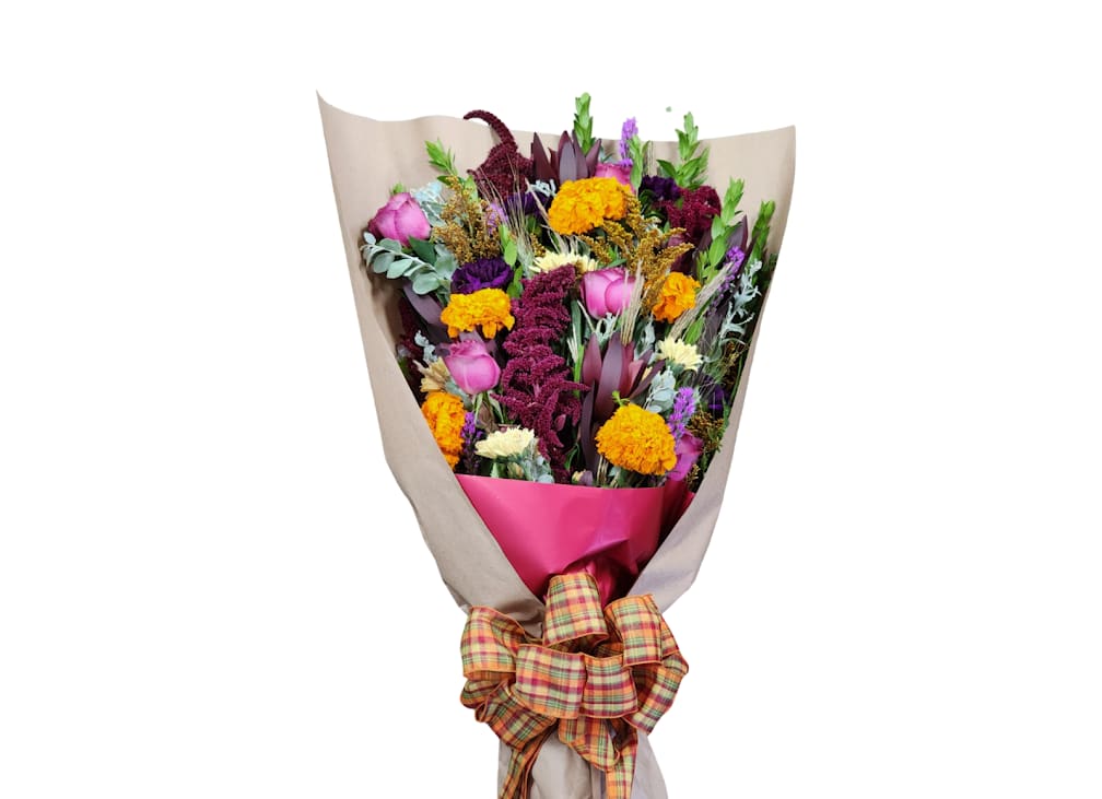 Mixed bouquet with pink roses, marigolds, and purple flowers wrapped in paper