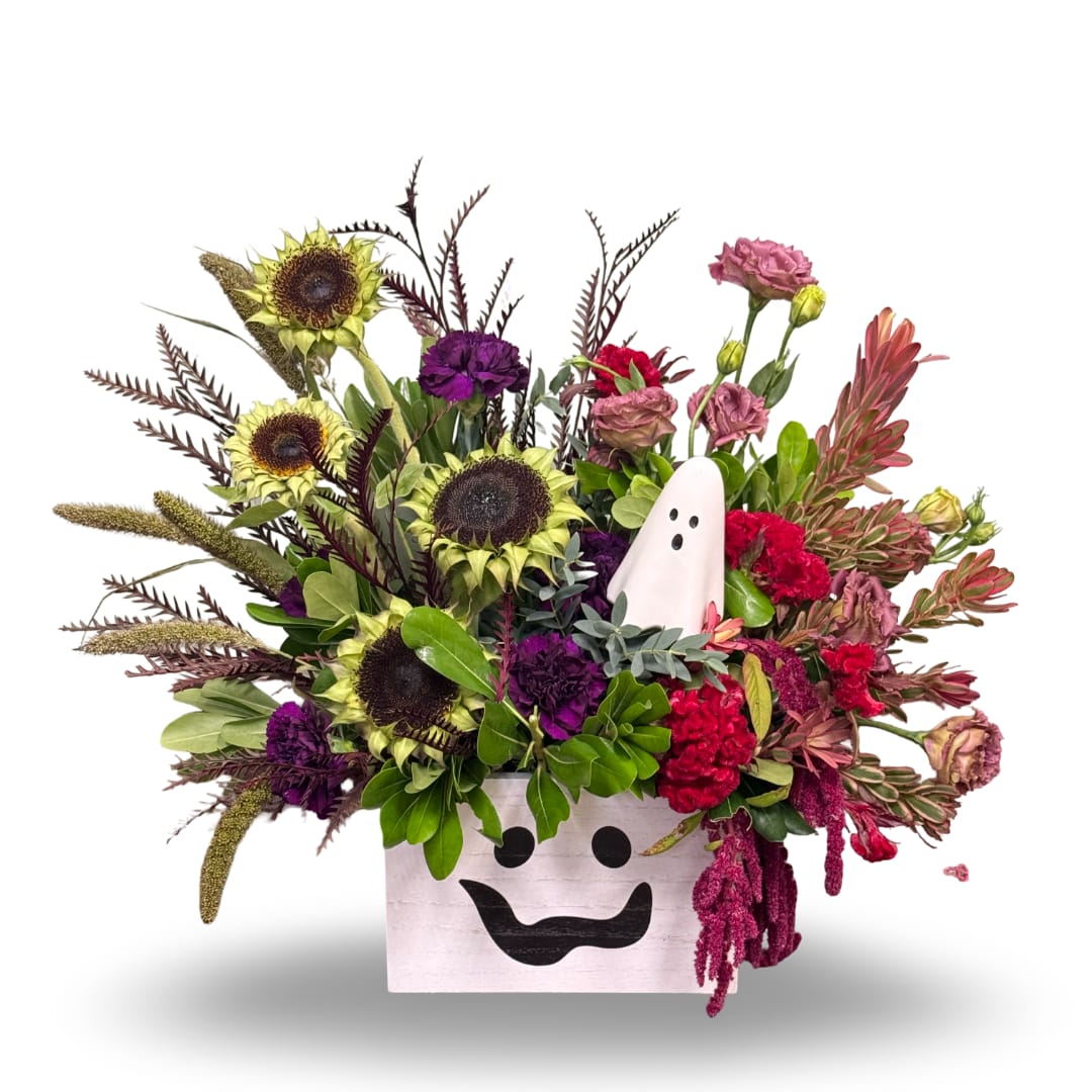 Mixed bouquet in a white ghost-faced box with sunflowers and carnations