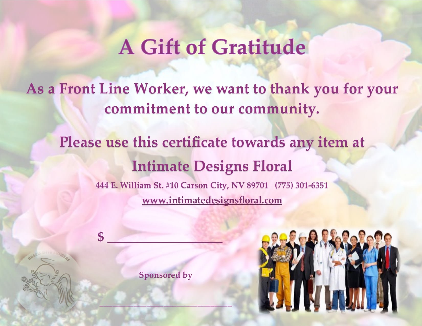 Floral gift certificate with pink and white roses in the background