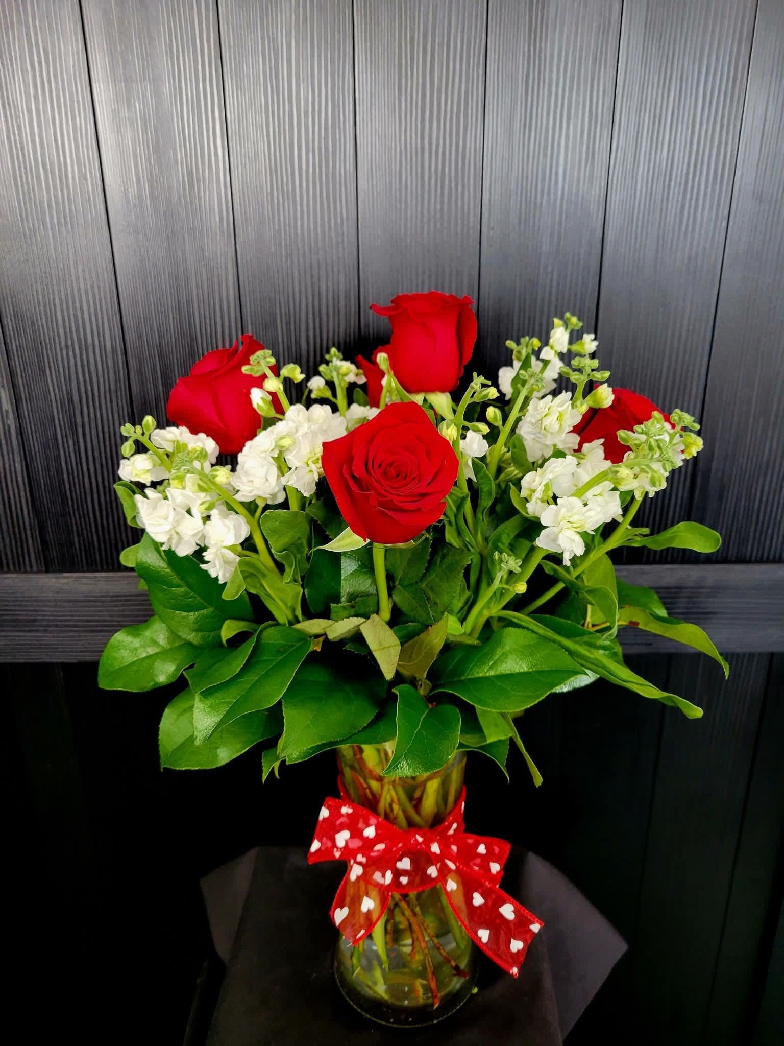Design155 - Red roses and white stock 