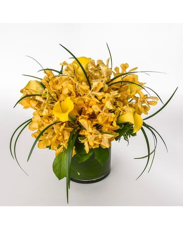 Yellow orchid arrangement in a glass vase with long grass accents