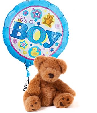 Teddy bear with a blue "It's a Boy" balloon