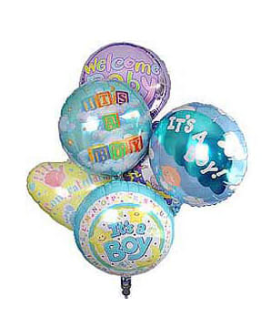 Cluster of baby shower balloons with pastel text and patterns