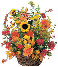 Autumn flower basket with sunflowers, lilies, and orange daisies