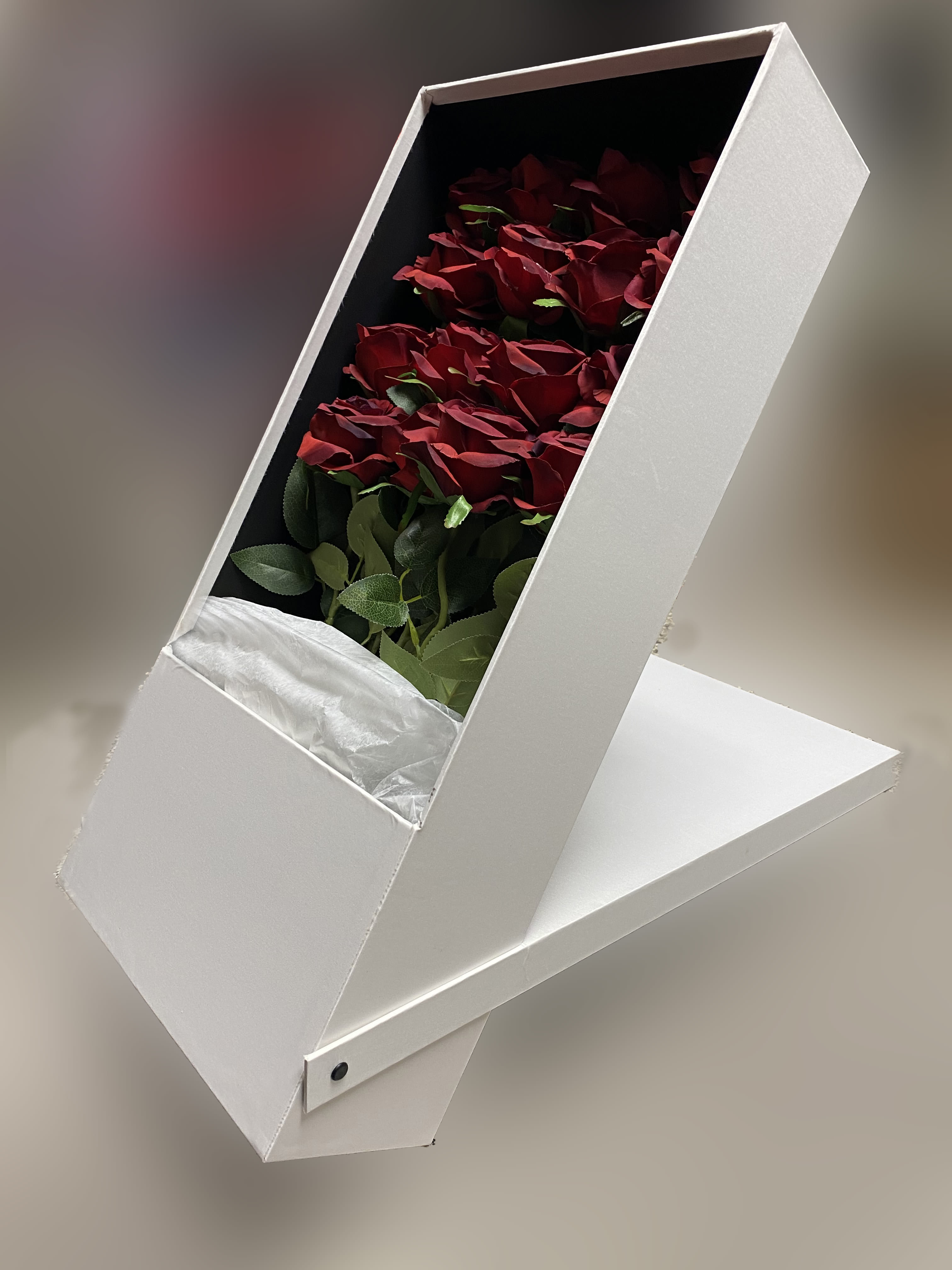 Red roses arranged in a white presentation box