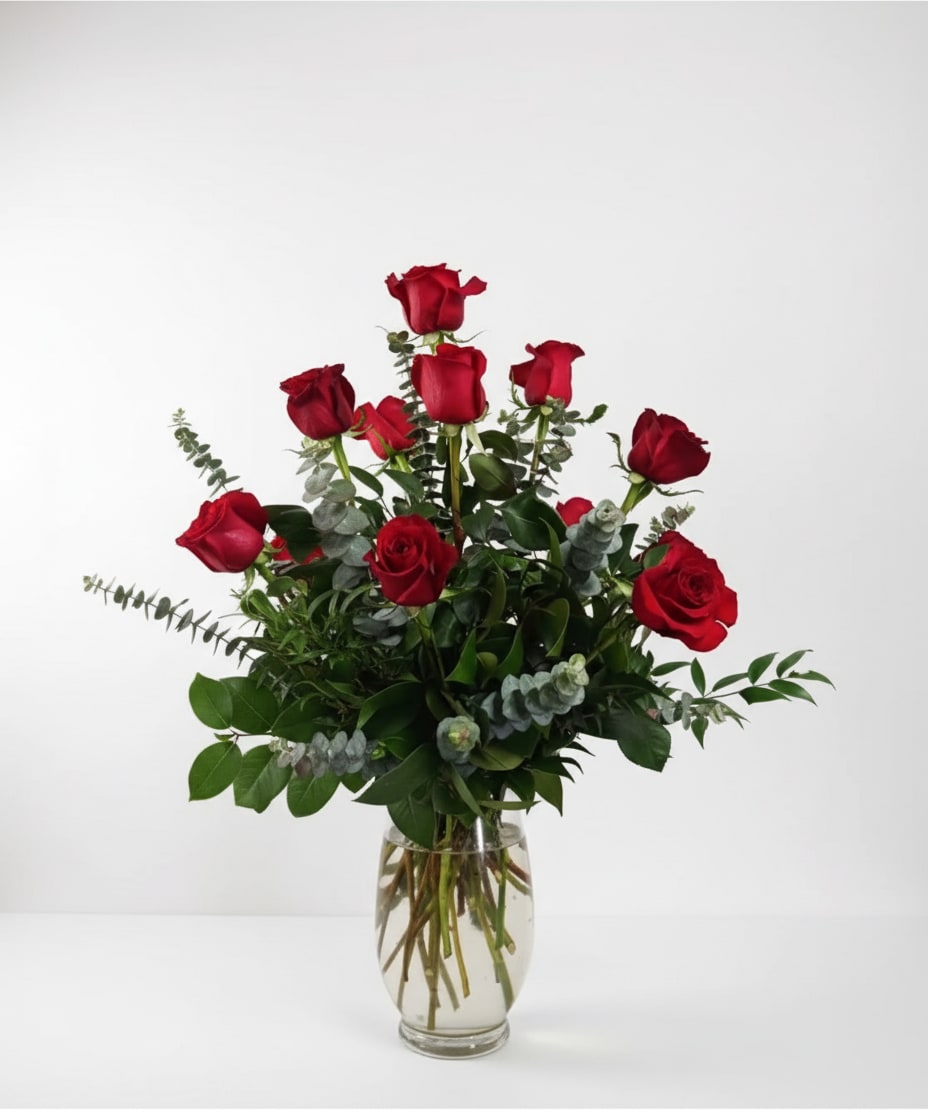 Dozen Red Roses - 1 Dozen Premiuim Red Roses arranged in a tall glass vase