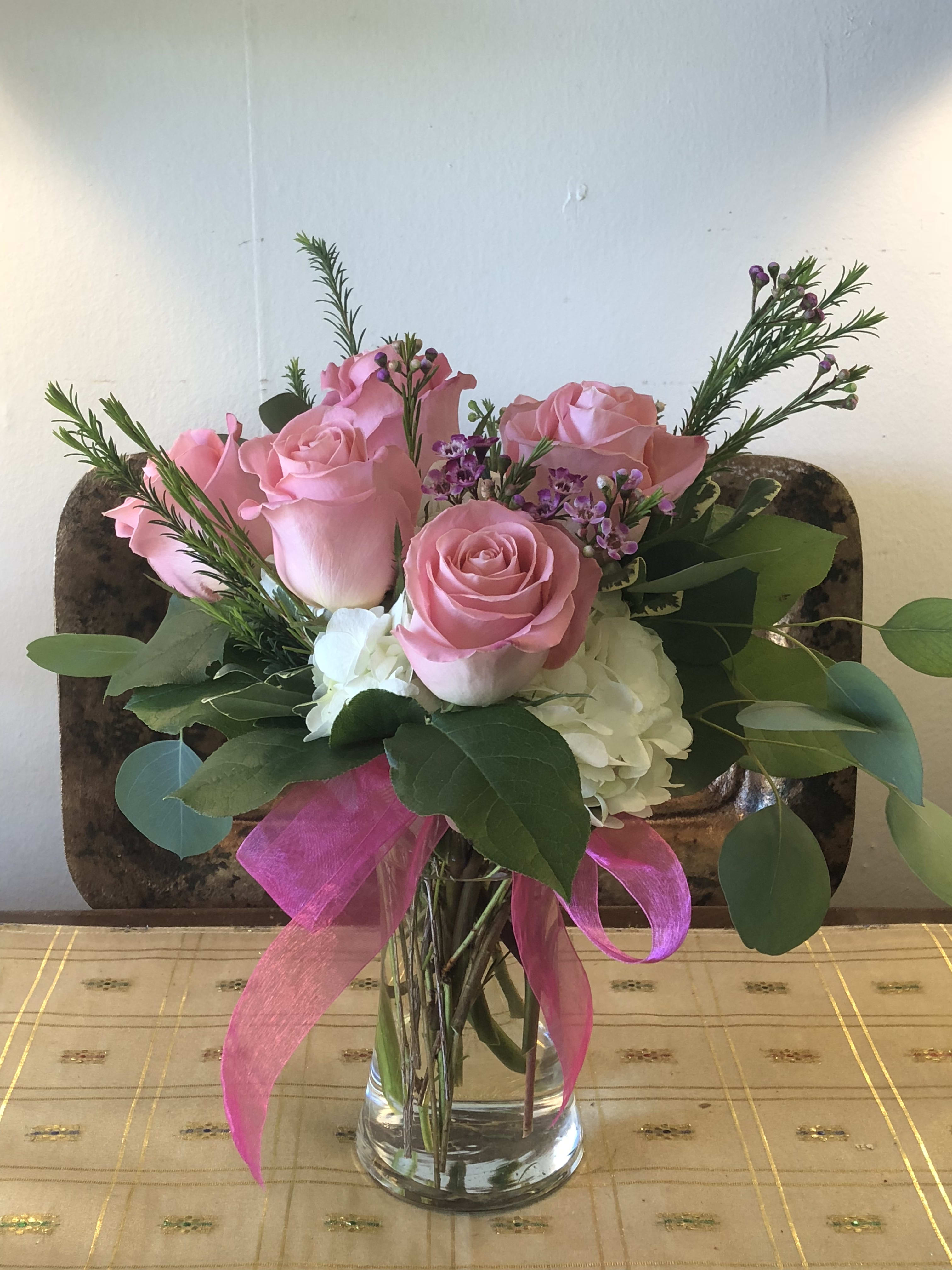 Half dozen Pink Roses with white Hydrangea  - Half dozen Pink Roses with White Hydrangea greens and filler 