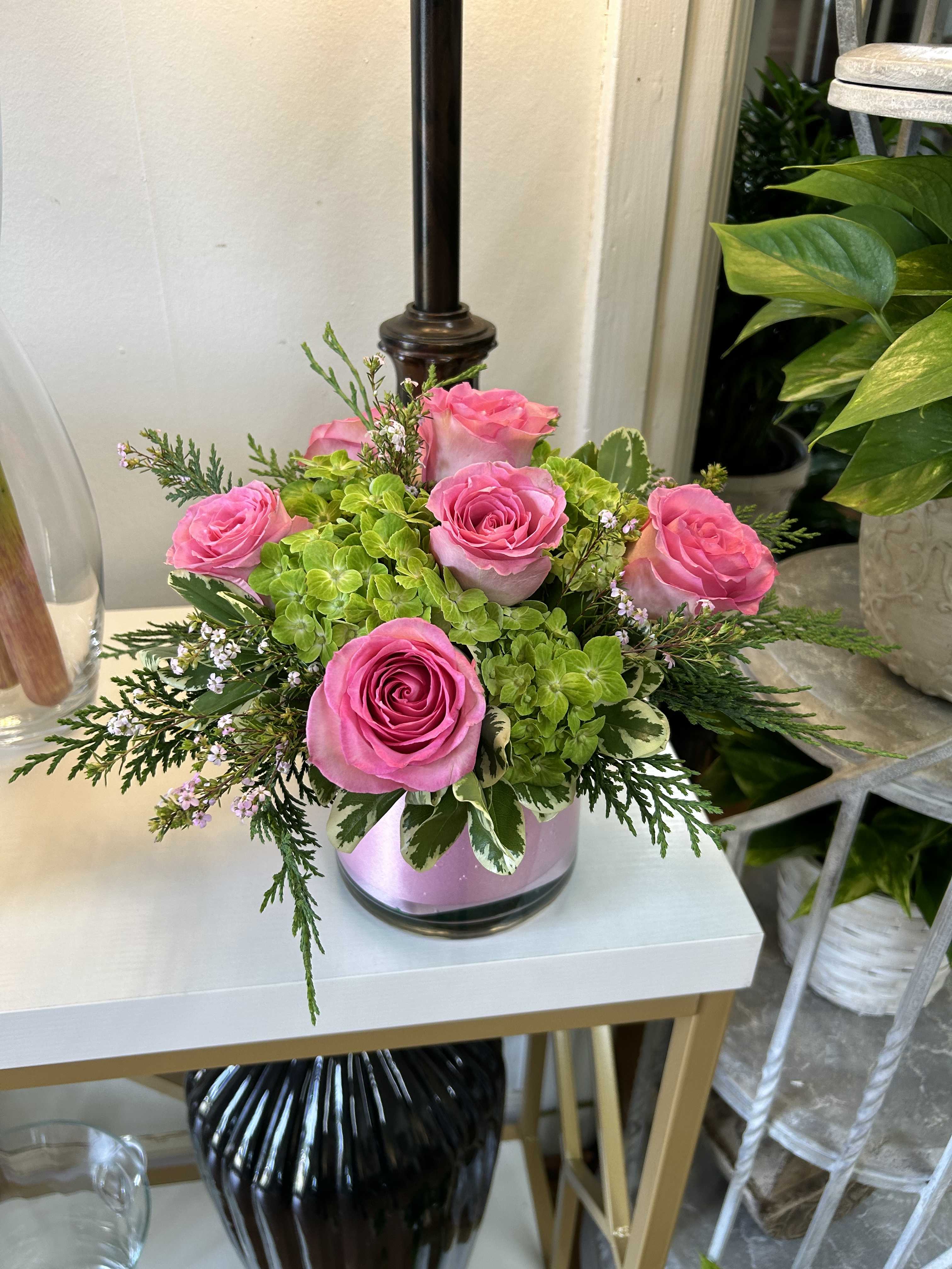 Pink and Green Love Bouquet  - Pink roses and green, hydrangeas with filler and a glass cube or cylinder 