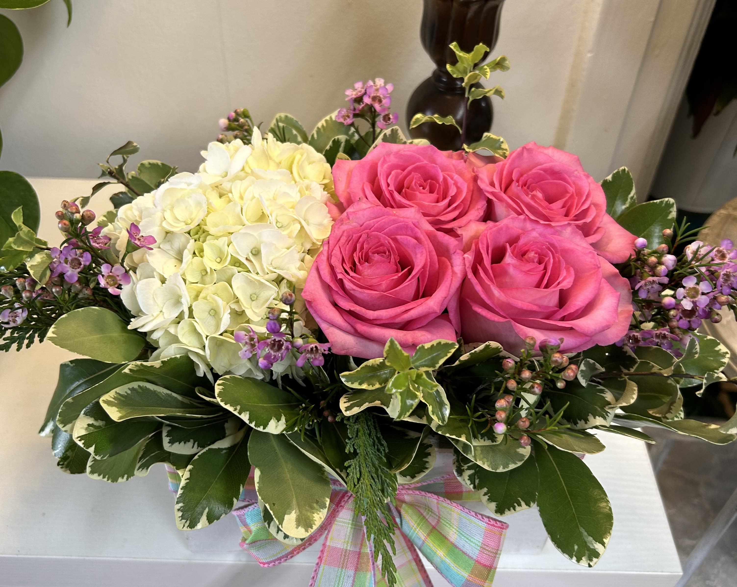 Pink  Love Box  - White Hydrangea with 4 red roses with premium greenery designed in a wooden box