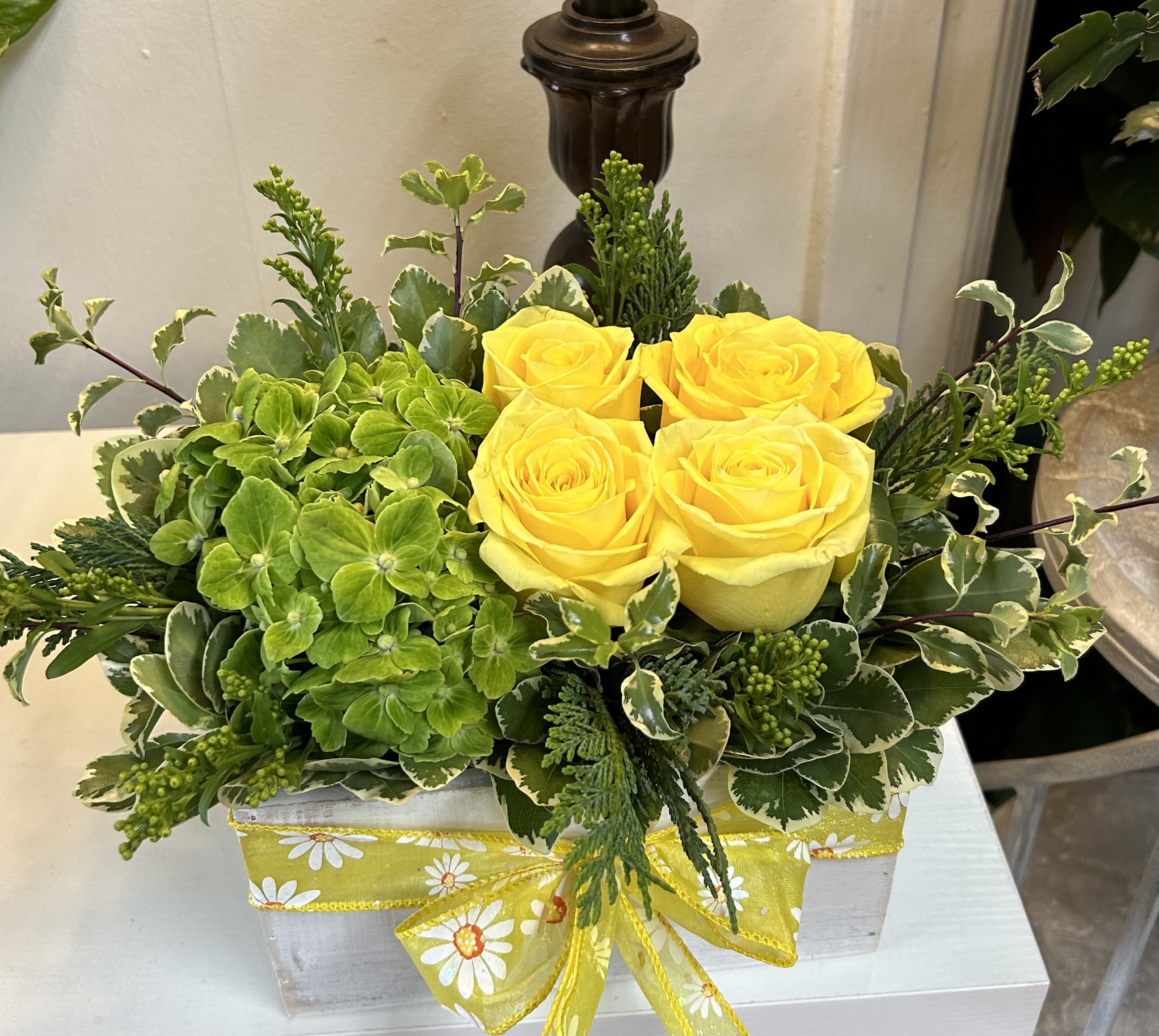Yellow Rose Love  - Hydrangeas with 4 yellow roses with premium greenery in a rectangular wooden box with filler