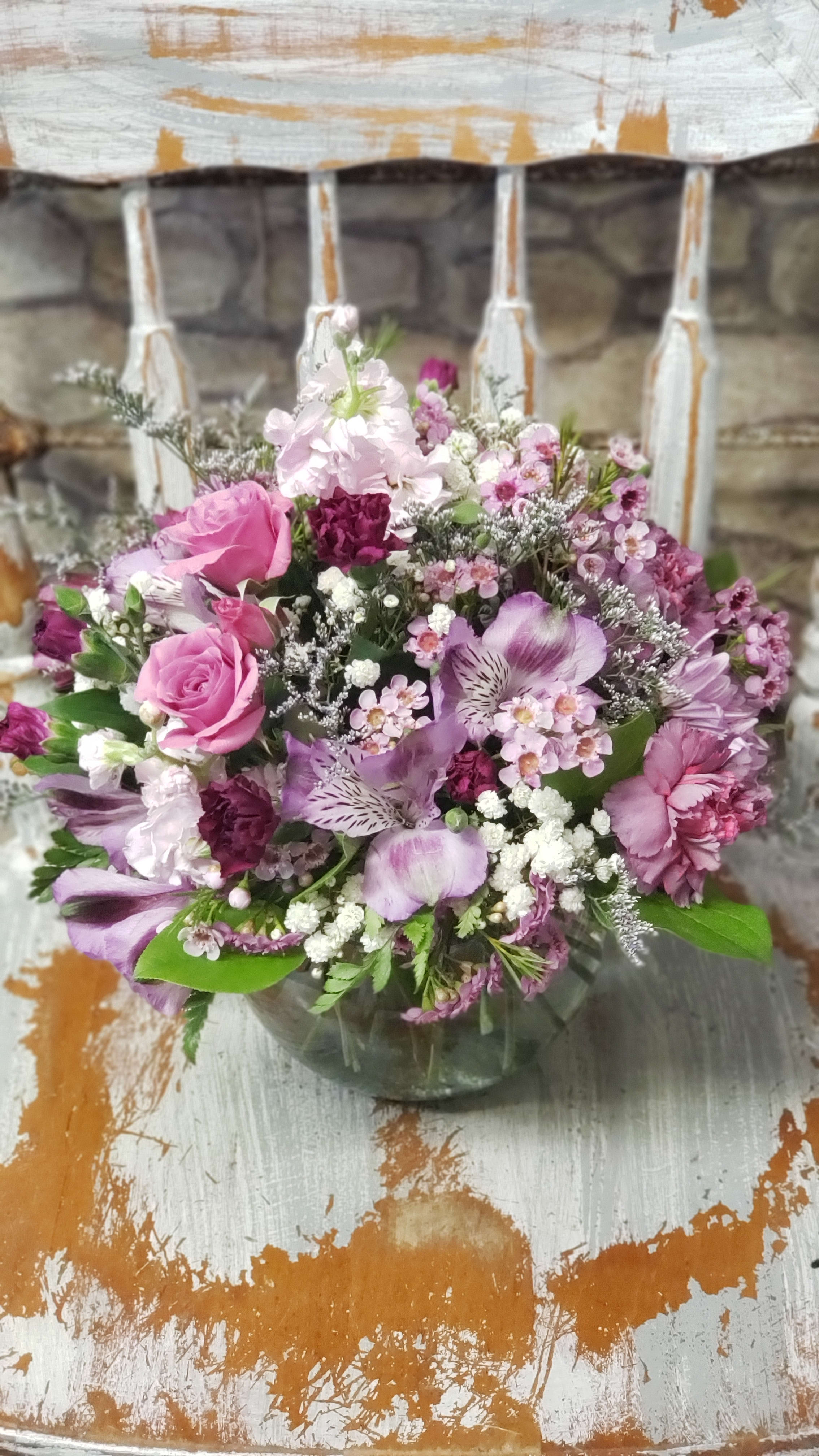 The Roxanne  - LIMITED! NOT able to match the photo on a daily basis...based on availability &amp; shipping  Pave' style compact cluster mix! product delays. We can do mixed colors, or lavender &amp; purple tones...shades of another color or season is stunning too!  Just let us know your preference. Not all varieties are available daily. We will fill order to value in  6" Bubble bowl based in Market fresh inventory at time of order &amp; delivery date.    