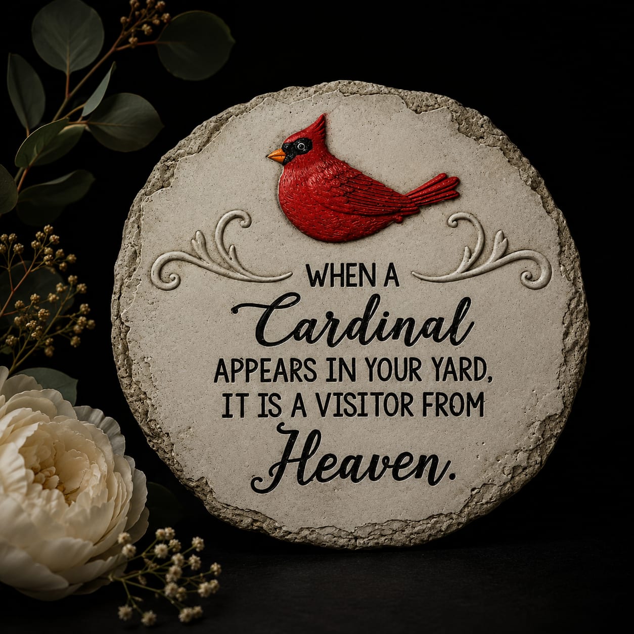 Round memorial plaque with a red cardinal and floral accents
