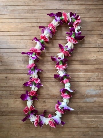 Baachan's Lei - Mini carnations, orchids, and tuberose lei is a beautiful, lightweight fragrant lei.  PLEASE ORDER AT LEAST 3 DAYS IN ADVANCE. Thank you.  Lei is approximately 38 inches long