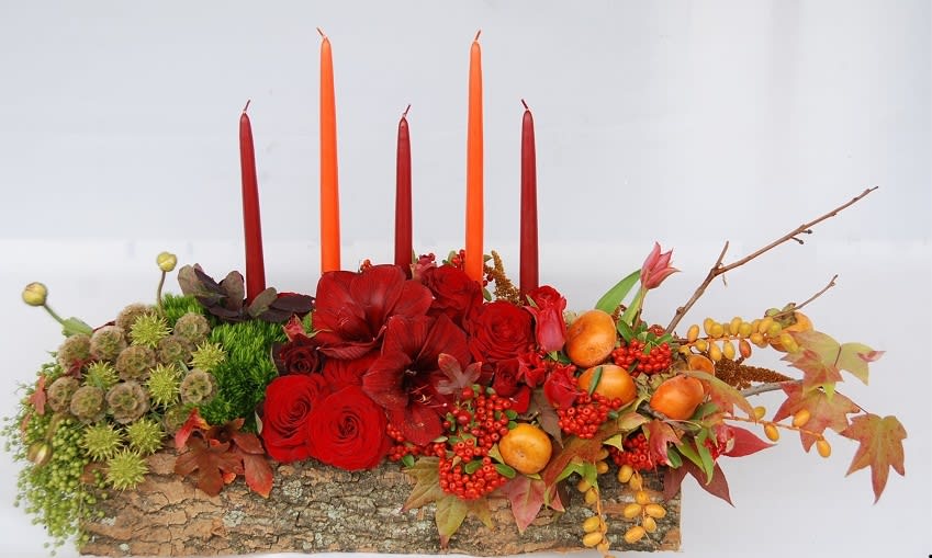 Majesty  - A rich table centerpiece of amarilis, scabiosa pods, green dianthus, roses, tulips and persimmons in a wooden long box.