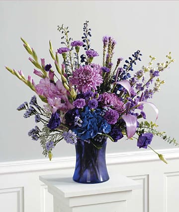 Purple Monochromatic Vase Arrangement - Gladiola, Liatris, Lisianthus, larkspur, delphinium, hydrangea, statice, carnations, mini carnations, buplerums anthirium