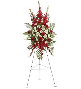 Standing red and white floral spray on an easel