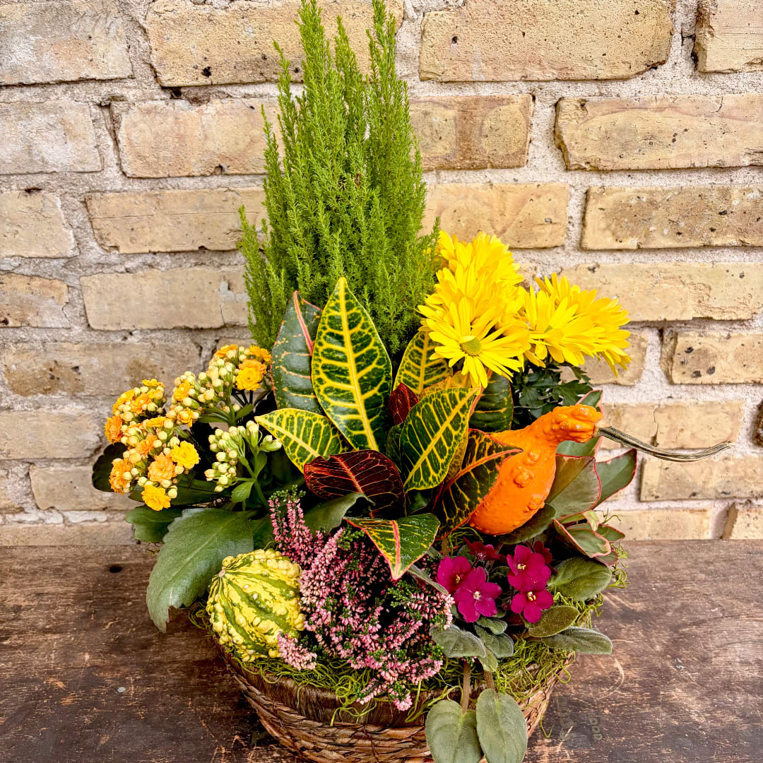 Mixed flower basket with yellow daisies, pink blooms, and a small orange bird figurine