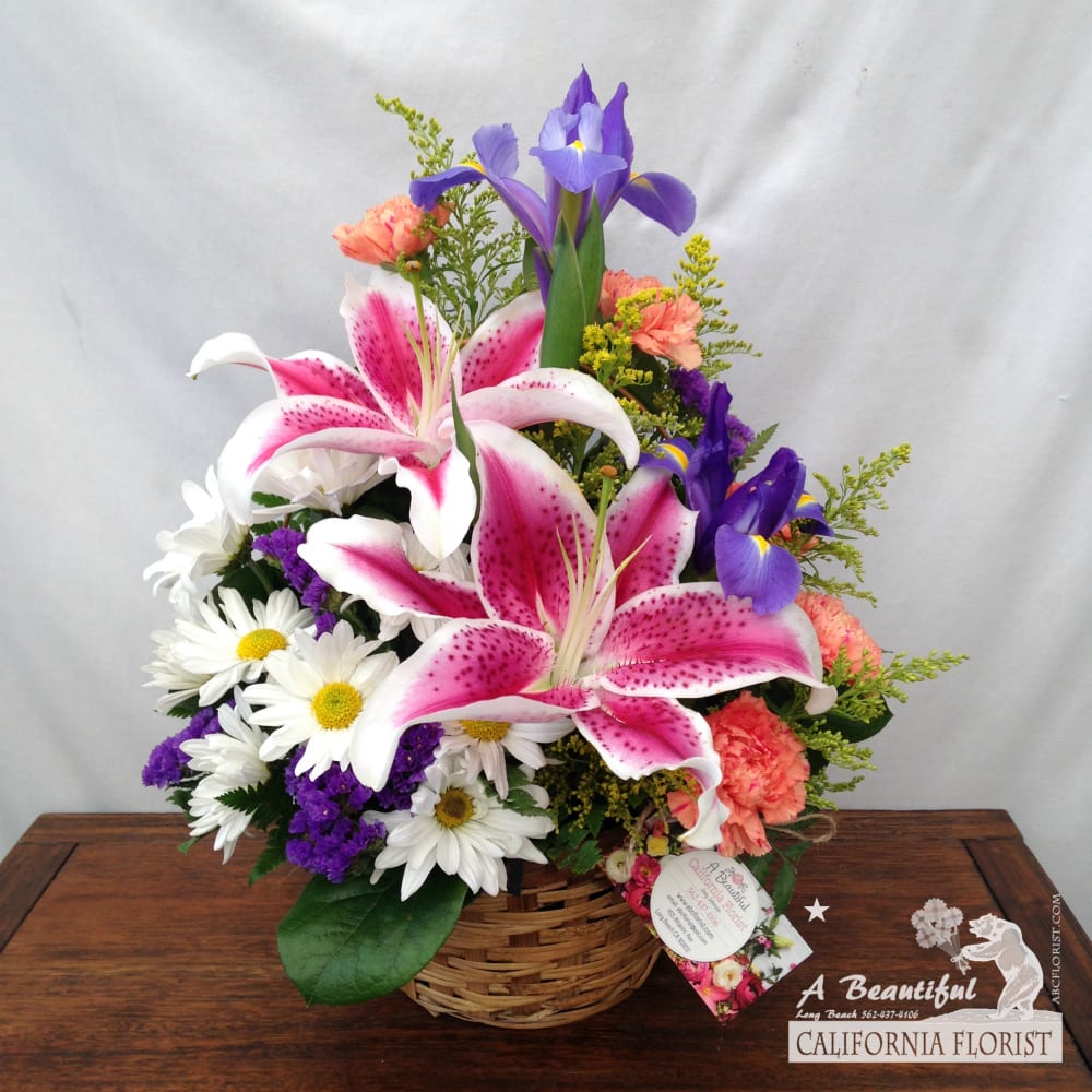Nature's Wonder Basket - Nature's Wonder Basket of beautiful blooms, one of our most popular arrangements and for good reason. Beautiful Stargazer lilies spread their beauty as they spring forth from a bed of daisies, carnations and iris. Displayed in whitewashed wicker basket and accented by lush greens. Comes in beautiful Whitewash Basket.  Approximate size: 16" T x 18" W 