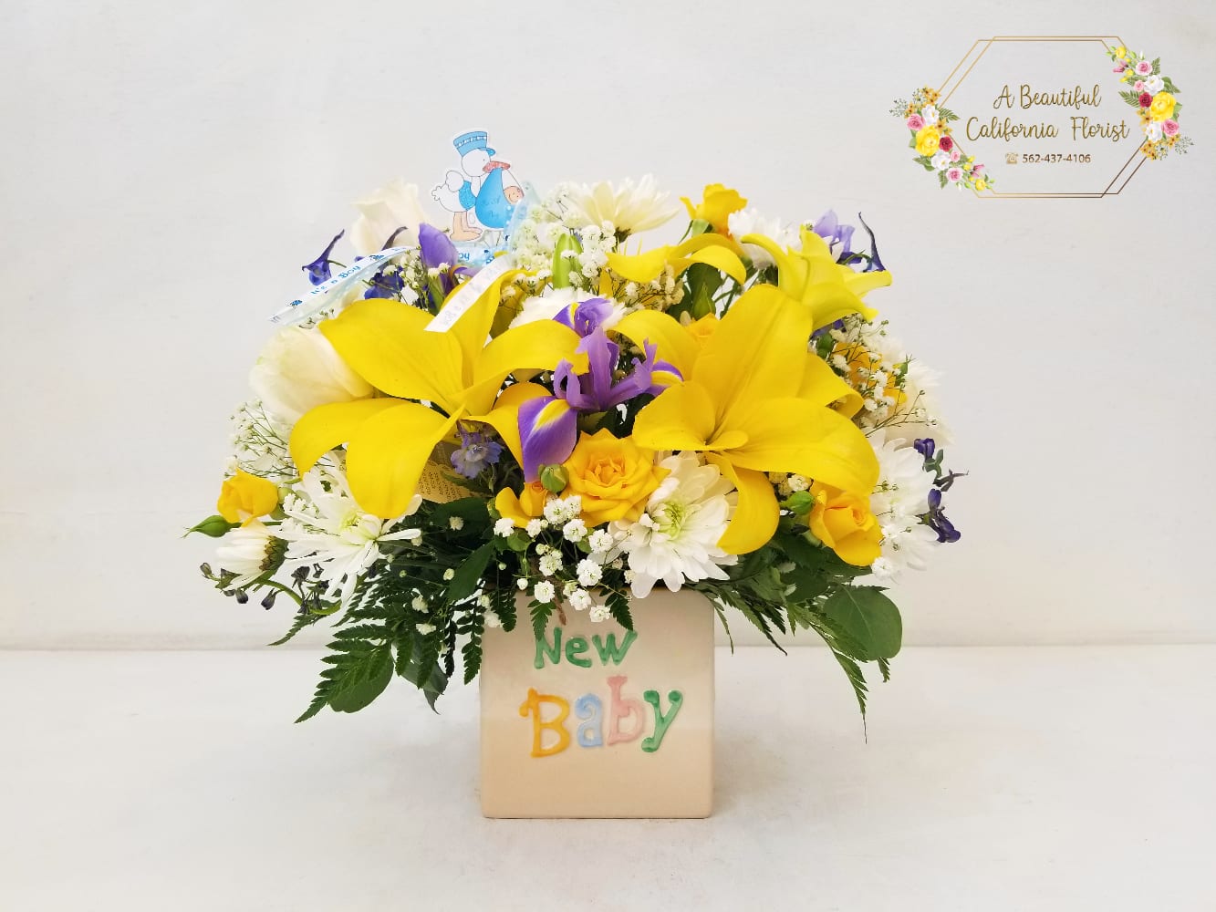 New Baby! - Beautiful blooms designed and arranged to welcome the new addition to the family! We can change up the colors and accents for either a Boy or Girl, just let us know in the order notes. Comes displayed in the "New Baby" 5" square ceramic vase pictured.  Approximate size 12 inches wide by 14" tall 