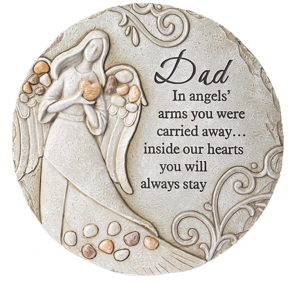 Round memorial plaque with an angel and the word Dad