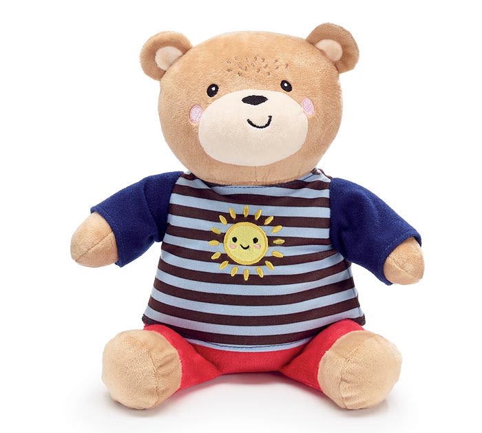 Plush teddy bear wearing a striped shirt with a sun graphic