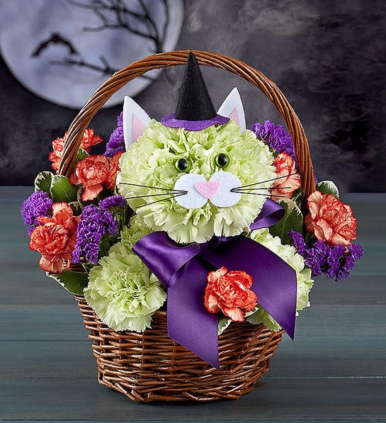 Purrfect Potions Fabulous Feline - Our Fabulous Feline knows how to brew up Halloween magic. Crafted from fresh green carnations, this kitty comes complete with a witch’s hat to cast her spell on every cat-loving ghoul and goblin. Pair it with a Happy Halloween Mylar balloon for some extra spirited fun.      One-sided 3D arrangement with lime green carnations, mini orange carnations, purple statice; accented with assorted greenery     Crafted in the shape of a cat, complete with eyes, ears, mouth with whiskers, purple ribbon and witch’s hat     Artistically designed in a handled willow basket with liner; measures 6"H     Arrangement measures approximately 12"H x 11"W      Our florists hand-design each arrangement, so colors, varieties, container and balloon design may vary due to local availability