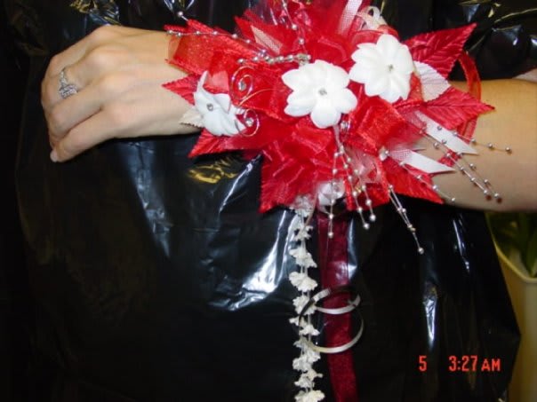 Red &amp; White Wrist Corsage - Oblong and cascading wrist corsage for Prom or wedding